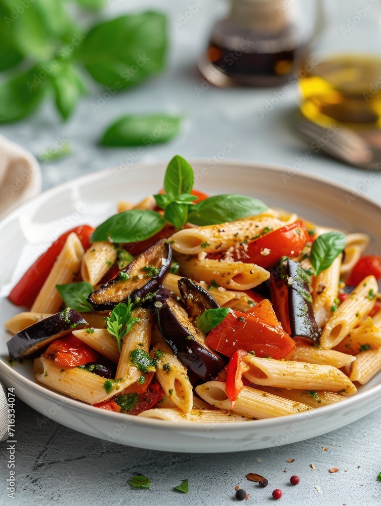 Pasta salad with baked vegetables. Penne pasta with baked peppers, eggplant, pesto and cheese in a white plate Pasta salad with baked vegetables. Penne pasta with baked peppers, eggplant, pesto and cheese in a white plate