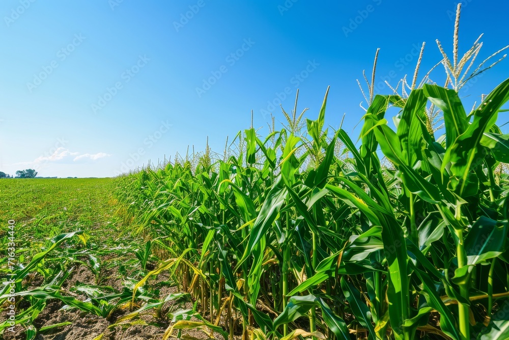Fototapeta premium Corn field with clear blue sky.