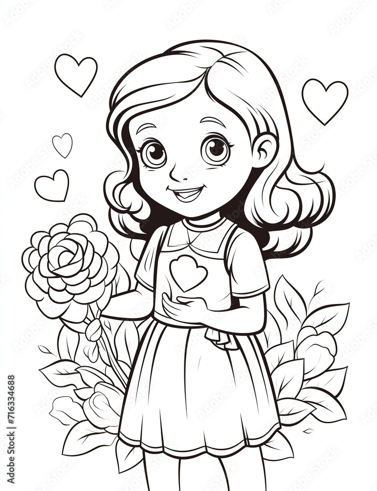 Valentine's day coloring page, Cute girl holding flower Valentine's day coloring page, Cute girl holding flower
