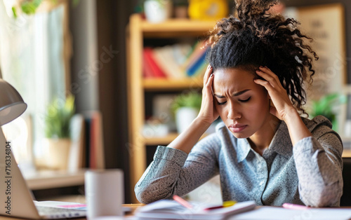 Stressed Woman Sitting at Desk With Head in Hands Searching for Solution.
