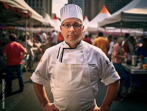 Chef Wearing Hat and Glasses in a Professional Kitchen Preparing a Meal.