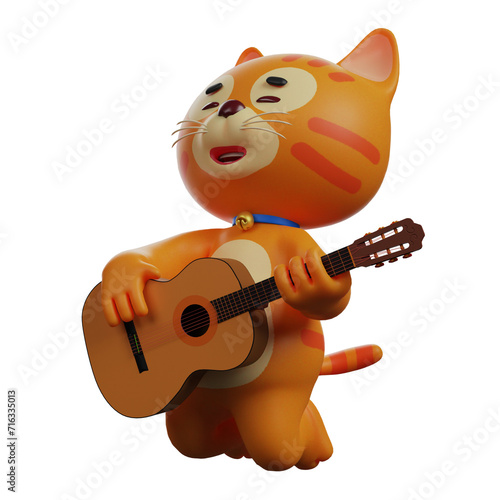    3D Illustration. 3D Cartoon Illustration of a Talented Cat with a guitar. Sitting with his head looking up. has an orange body. 3D Cartoon Character