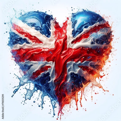 Heart shape United Kingdom flag what Splash of water and flame. AI generated illustration