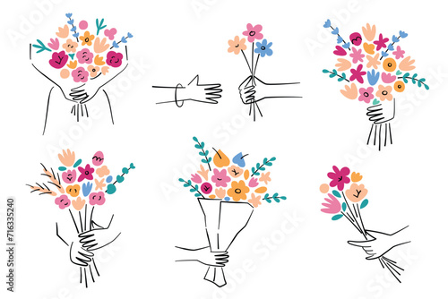 Hands with flower bouquets, flowers hand drawn collection, vector illustrations of floral arrangements in human hands, presents for birthday, Valentines Day, Mothers Day, gift for Womens Day