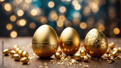  Golden easter eggs on festive bokeh background