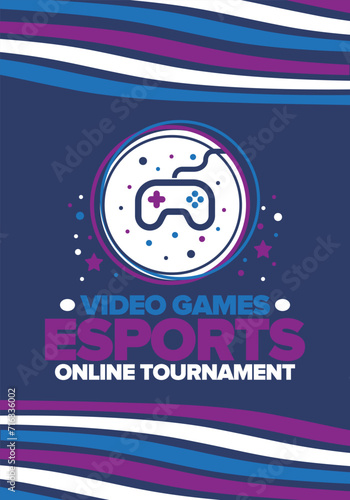 Esports Online Tournament. Video Games streaming. Cyber sport and gaming concept. Play in arcade, video or computer game. Gamepad, controller or joystick. Leisure, entertainment and fun. Vector