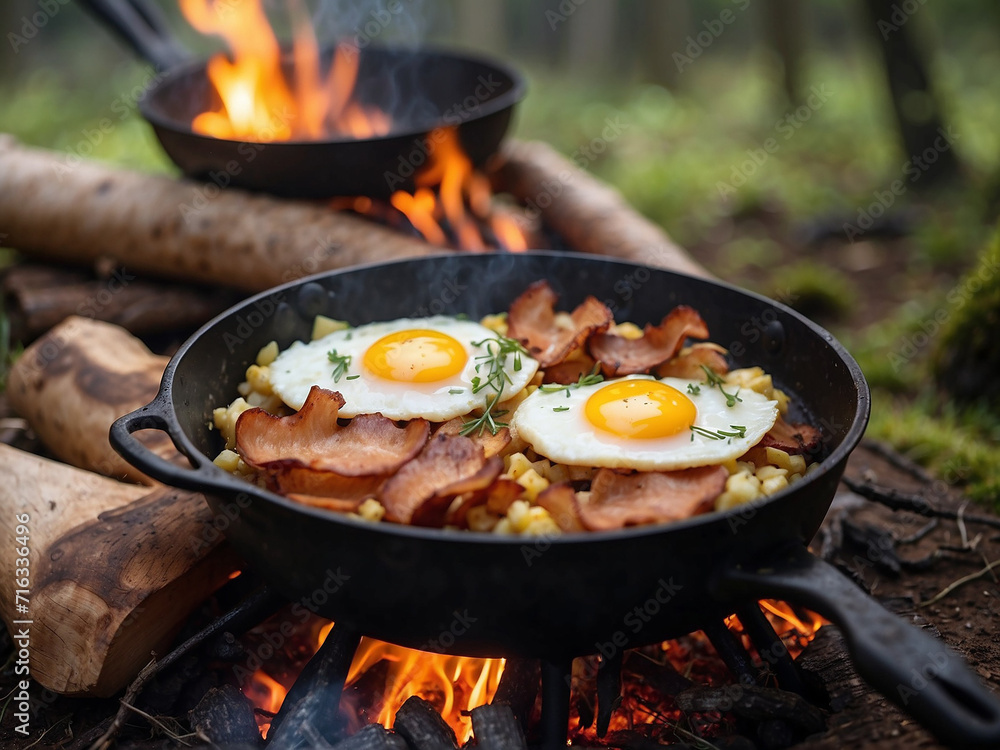 Camping breakfast with bacon and eggs in a cast iron skillet. Camping breakfast with bacon and eggs in a cast iron skillet.