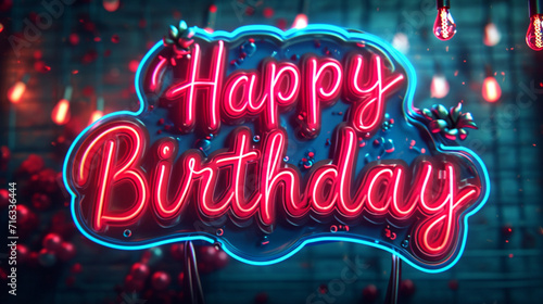 Bold and eye-catching typography writting "Happy Birthday" with neon lights.