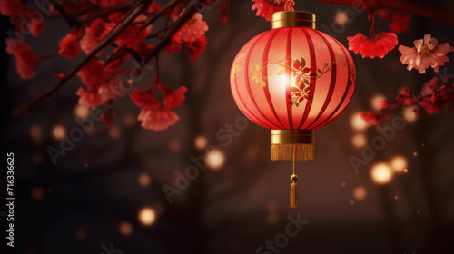 A traditional red lantern hanging among pink blossoms against a moody  bokeh-lit background.