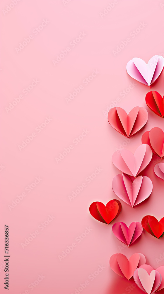  red origami paper hearts on pink color,