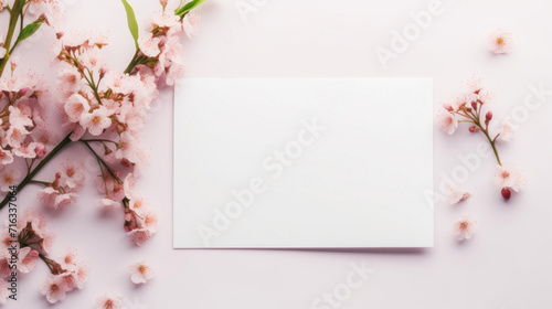 Blank card mockup surrounded by delicate pink spring blossoms on a light background, ideal for season's greetings.