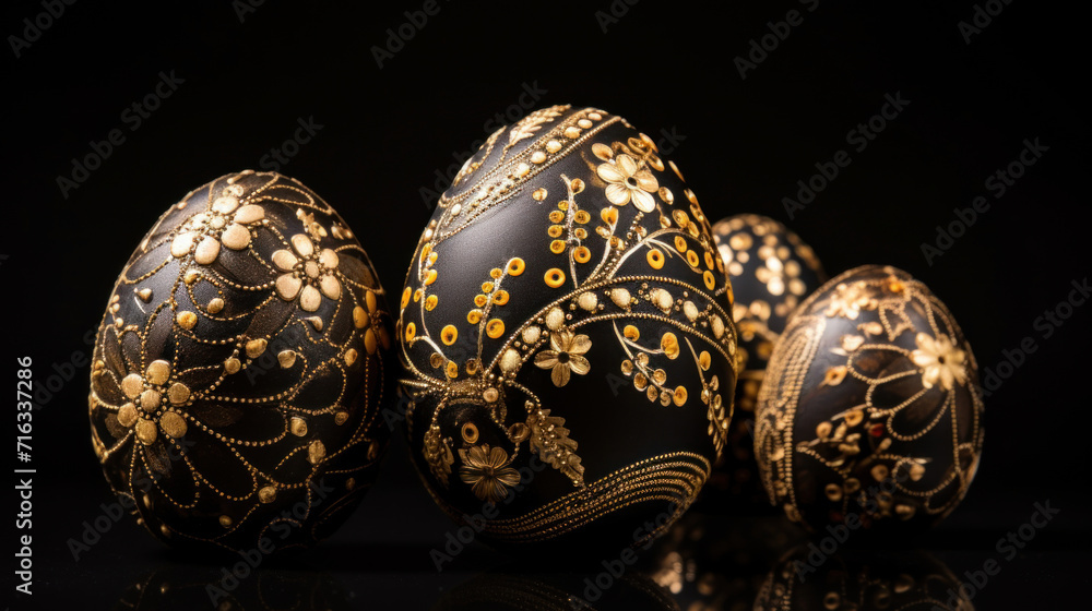 Elegant black Easter eggs adorned with golden floral patterns on a dark backdrop. Elegant black Easter eggs adorned with golden floral patterns on a dark backdrop.