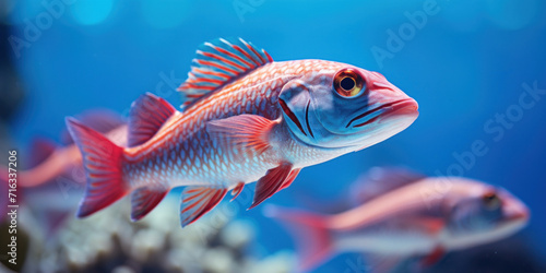 A striking red fish with intricate patterns swimming in the crystal-clear blue ocean.