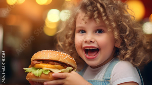 Joyful curly-haired child holding a large hamburger with a big smile, close-up.