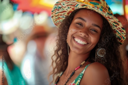 Joyful woman at a festival wearing a straw hat and sunglasses with colorful background © robertuzhbt89