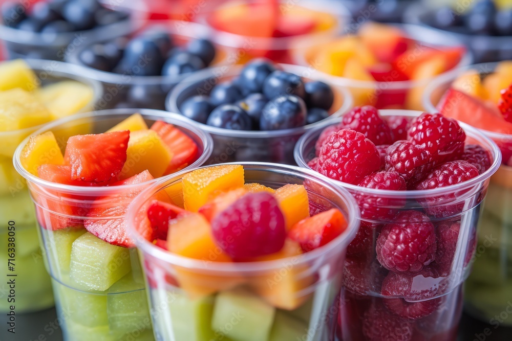 Assorted fresh fruit cups with mint garnish, healthy snack option.
