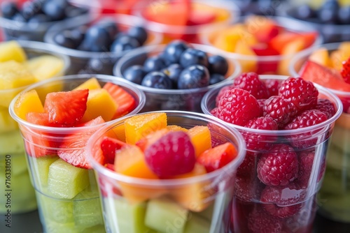Obraz na płótnie Assorted fresh fruit cups with mint garnish, healthy snack option. w salonie