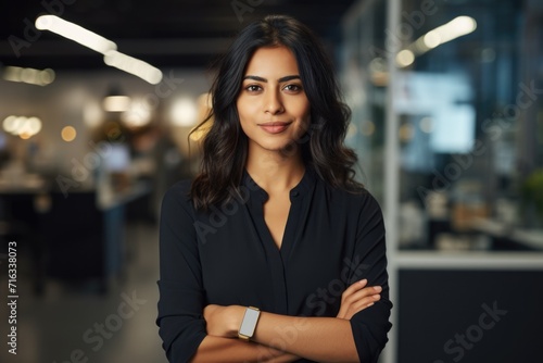 Smiling young confident woman of Indian ethnicity standing in a corporate office photo
