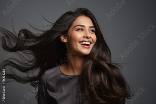 Energetic smiling young female of Indian ethnicity having long flowing hair photo