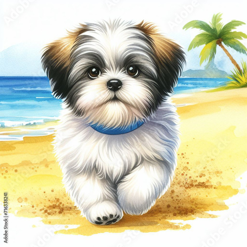 watercolor drawing a shih tzu dog running on a beach. The dog is facing the camera and has a playful expression on its face. It is wearing a blue collar. The sand is yellow and the water is blue.  © art illustrations