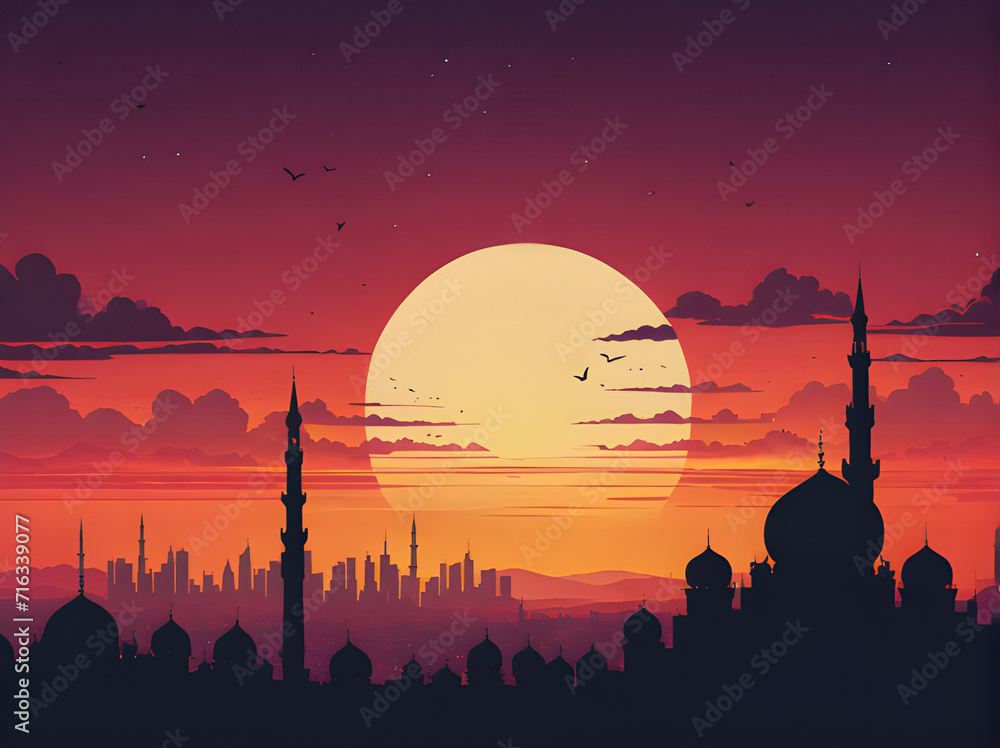 Illustration of a sunset with the silhouette of a city on the horizon. Ramadan wallpaper concept
