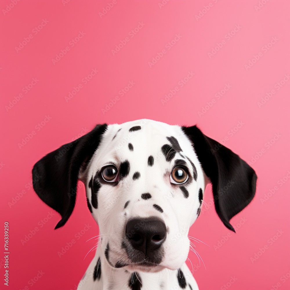 Portrait of a Dalmatian dog with soulful eyes and distinctive spots against a vibrant pink background.