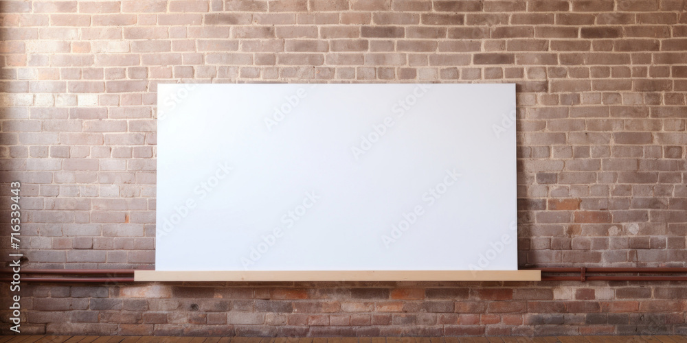 Empty white poster ready for branding, mounted on a rustic brick wall in a modern setting. Empty white poster ready for branding, mounted on a rustic brick wall in a modern setting.