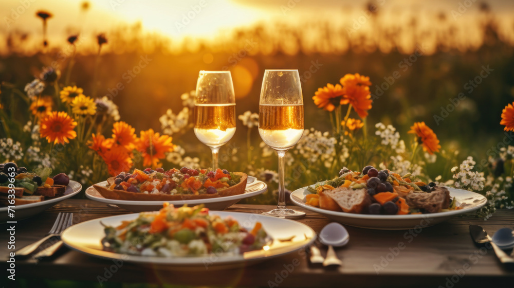 A romantic dinner setup in a blooming flower field during sunset, with wine and fresh salads.