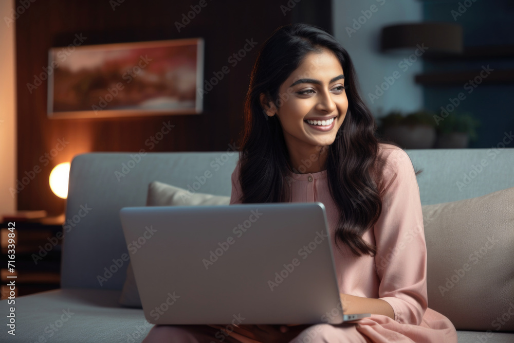 A young smiling woman of Indian ethnicity working on laptop A young smiling woman of Indian ethnicity working on laptop