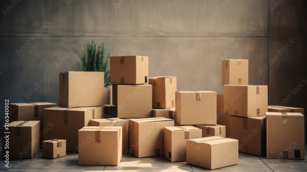 An assortment of cardboard moving boxes stacked in a sunlit room, suggesting relocation or delivery. An assortment of cardboard moving boxes stacked in a sunlit room, suggesting relocation or delivery.