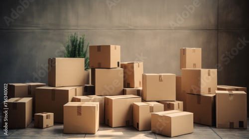 An assortment of cardboard moving boxes stacked in a sunlit room, suggesting relocation or delivery. © tashechka