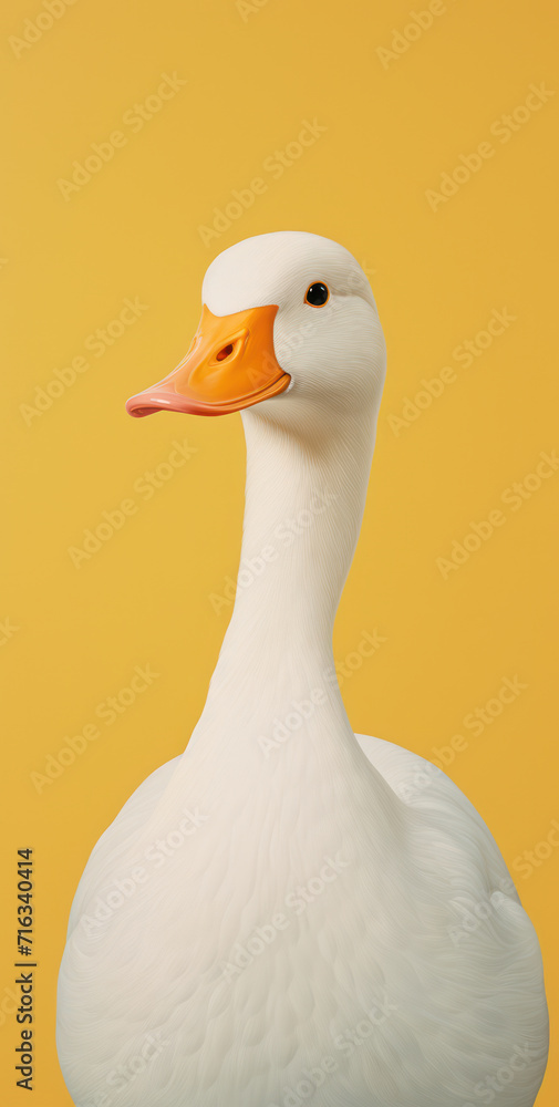 Graceful Bird: A Beautiful Isolated White Goose with Fluffy Feathers, Playfully Standing on Green Grass near Water, Gazing Curiously with Cute Orange Beak and Bright Yellow Eyes. Graceful Bird: A Beautiful Isolated White Goose with Fluffy Feathers, Playfully Standing on Green Grass near Water, Gazing Curiously with Cute Orange Beak and Bright Yellow Eyes.