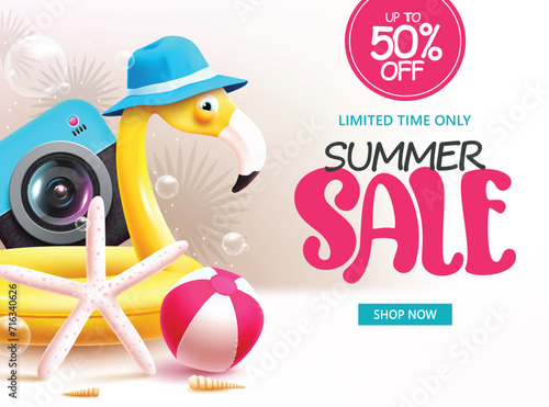 Summer sale text vector banner design. Summer limited time offer with yellow flamingo floaters, camera and beachball elements for shopping banner ads. Vector illustration summer advertisement design. 