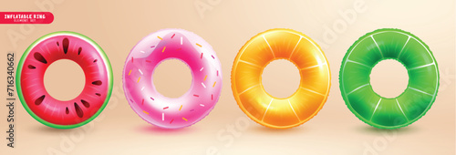 Summer inflatable fruits ring vector set. Summer floaters in fruits collection for tropical season beach swimming elements. Vector illustration summer inflatable ring collection.
