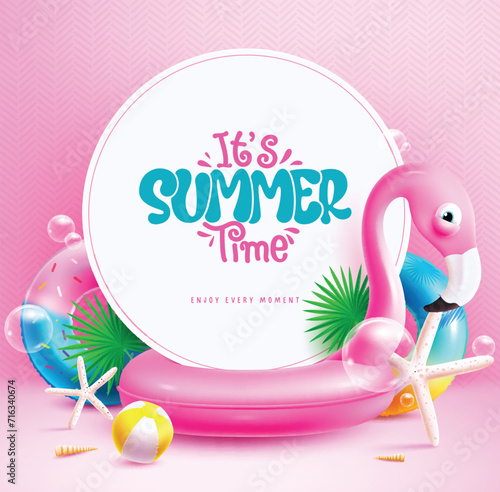 Summer time text vector template. It's summer time greeting in white space with flamingo, floaters, bubbles and beachball elements in pink pattern background. Vector illustration summer time greeting 