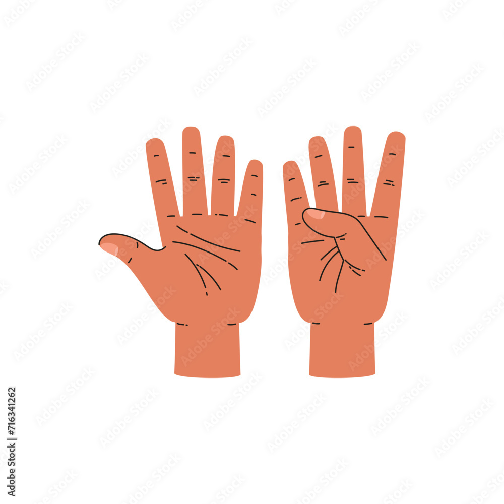 Raised hands show nine fingers, cartoon flat vector illustration isolated. Raised hands show nine fingers, cartoon flat vector illustration isolated.