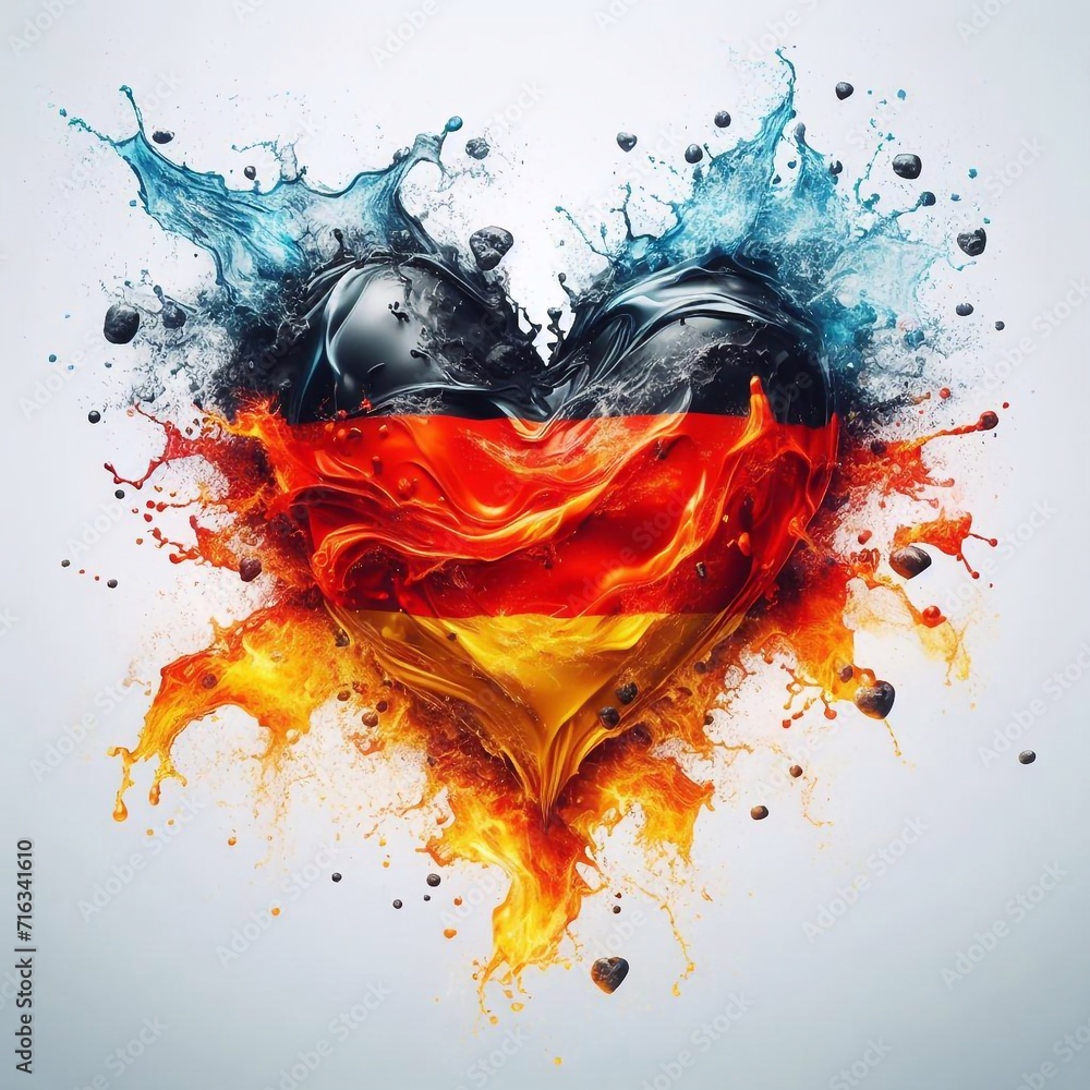 Heart shape Germany flag what Splash of water and flame. AI generated illustration Heart shape Germany flag what Splash of water and flame. AI generated illustration