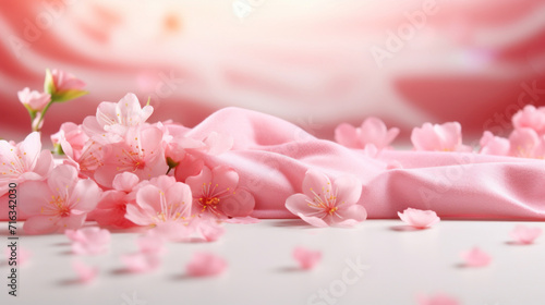 Pink Sakura blossoms gracefully scattered on smooth silk fabric, evoking a sense of serene spring beauty.