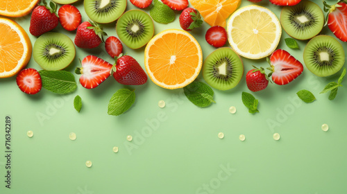 Vibrant fresh fruits, including strawberries and kiwis, on a green surface.