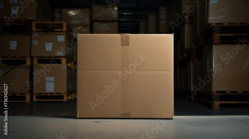 A single cardboard box centered in a warehouse, representing logistics and distribution.