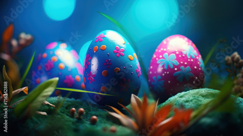 Vividly painted Easter eggs nestled in green grass, with decorative patterns, under a dreamy blue light.