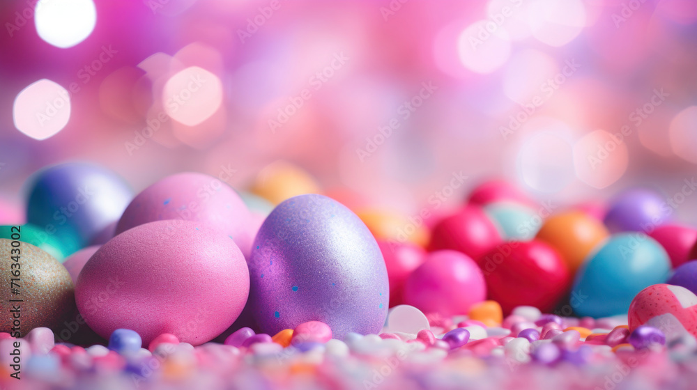 A festive array of colorful Easter eggs on a candy-filled background, creating a joyful holiday atmosphere.