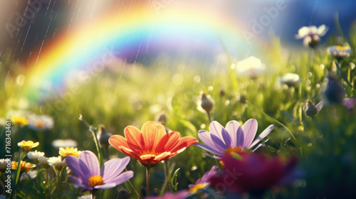 Rain shower over colorful wildflowers with a beautiful rainbow arching in the bright sunshine.