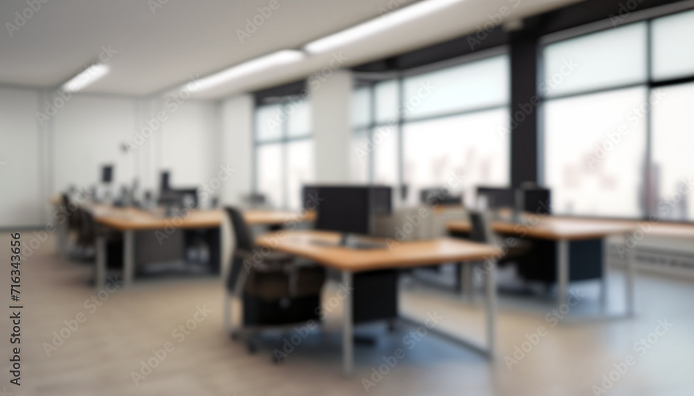 Blurred office interior space background. Blurred interior of modern office workplace a workspace design without partition decorate with black, white and wooden furniture