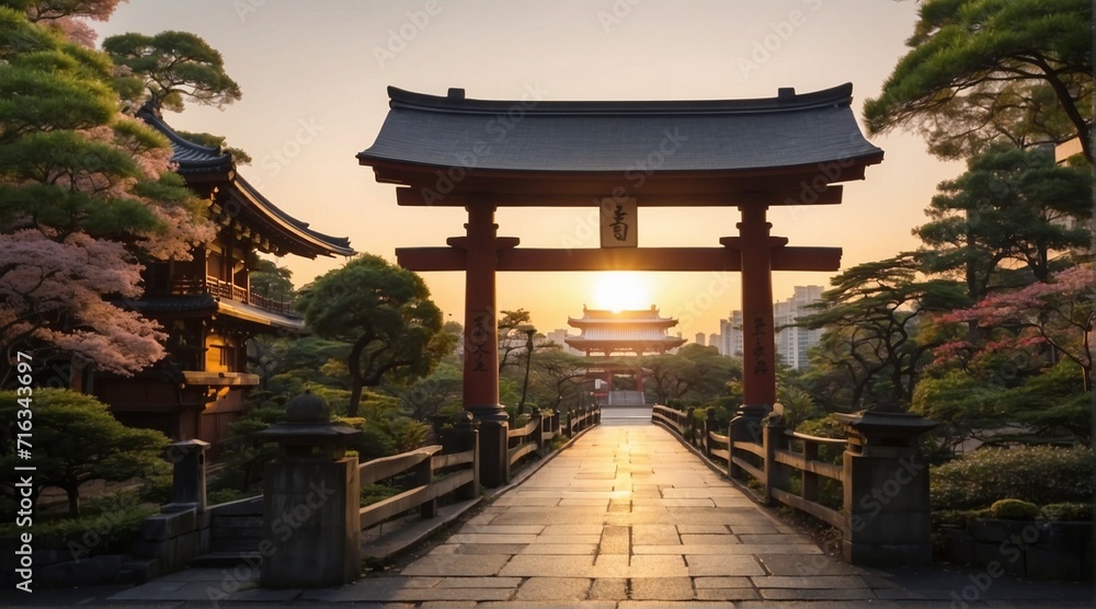 Obraz premium Japanese Gate Building, Japanese Gate with a unique and magnificent shape, Japanese Architecture, Sunset background