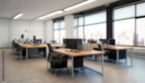 Blurred office interior space background. Blurred interior of modern office workplace a workspace design without partition decorate with black, white and wooden furniture