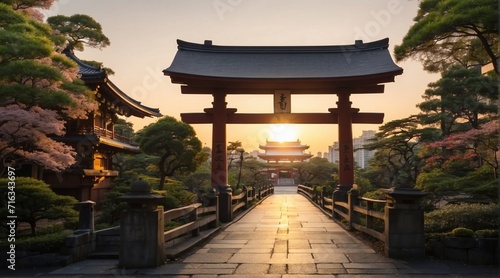 photos of Japan Gate Shrine, stunning streets, sunset. photo