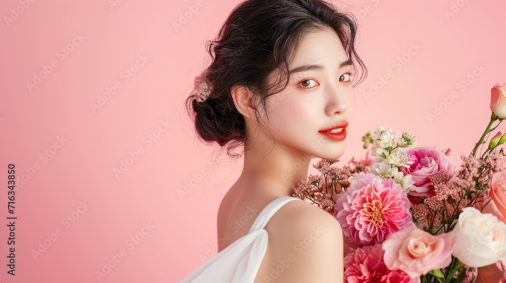 Beautiful asian woman with a bouquet of flowers. studio pink background. copy space -Generative AI Beautiful asian woman with a bouquet of flowers. studio pink background. copy space -Generative AI