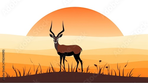 charming image of an African wild black-tailed gazelle with long horns in cartoon style, showcasing a flat design and isolated on a white background.