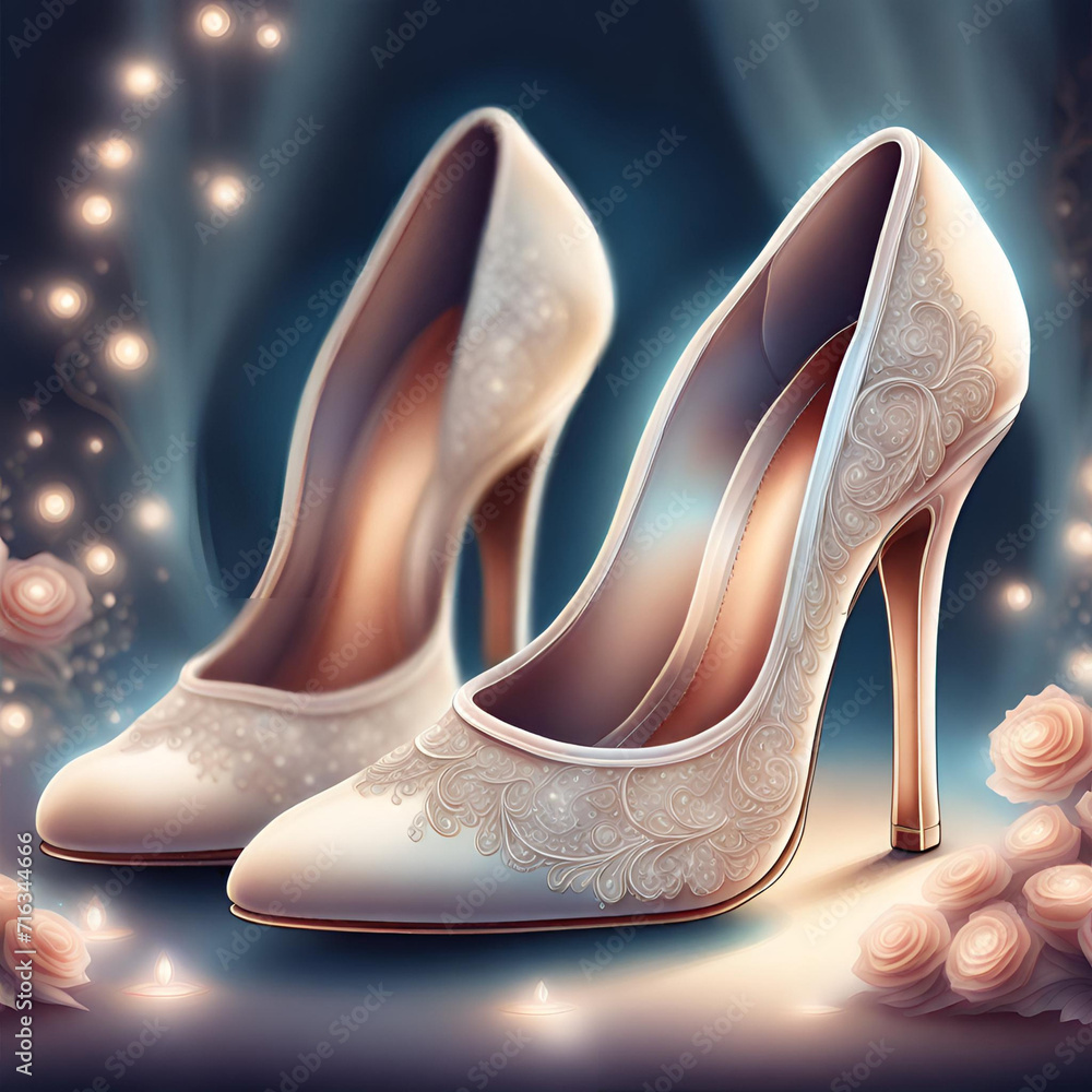 A pair of elegant wedding shoes with intricate details A pair of elegant wedding shoes with intricate details